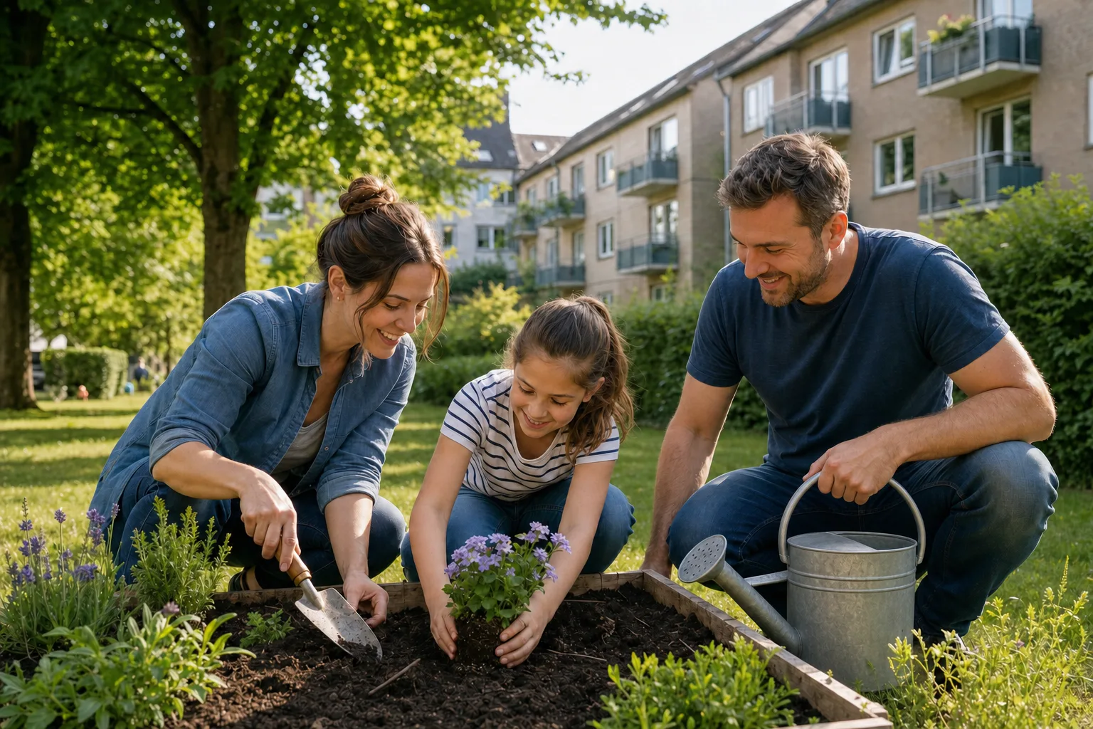 Lächelnde Familie pflanzt gemeinsam Blumen im Garten einer Wohnanlage