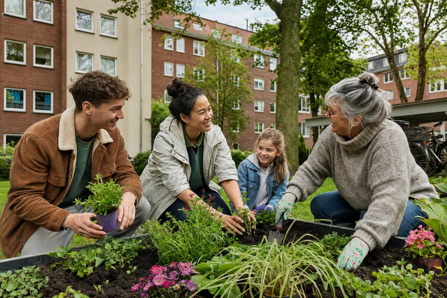 Nachbarn verschiedener Generationen bei gemeinsamer Gartenarbeit