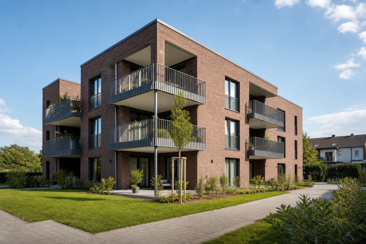 Modernes Mehrfamilienhaus mit Backsteinfassade, Balkonen und begrüntem Außenbereich
