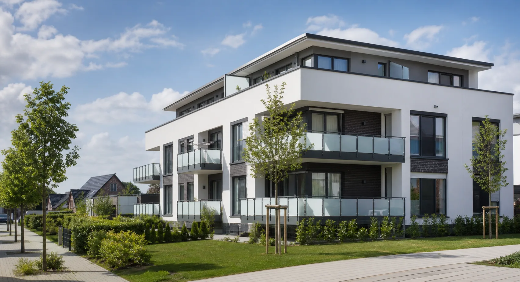 Modernes Mehrfamilienhaus mit Balkonen und begrüntem Außenbereich
